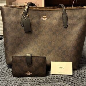 Coach Dark Brown Tote Bag and Wallet Set